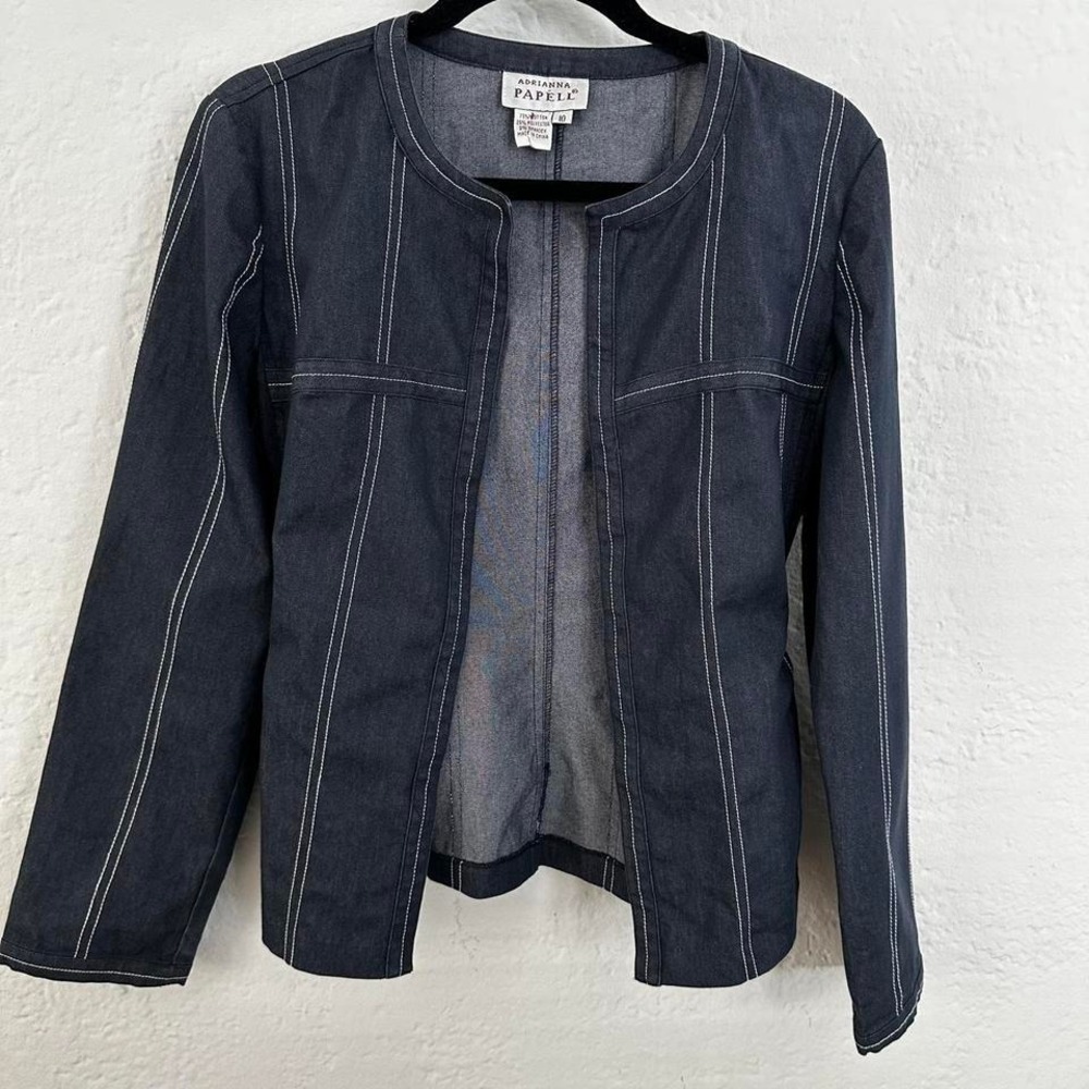 Adrianna Papell Lightweight Denim Jacket Contrast Pinstripe‎ Stitching Size 10